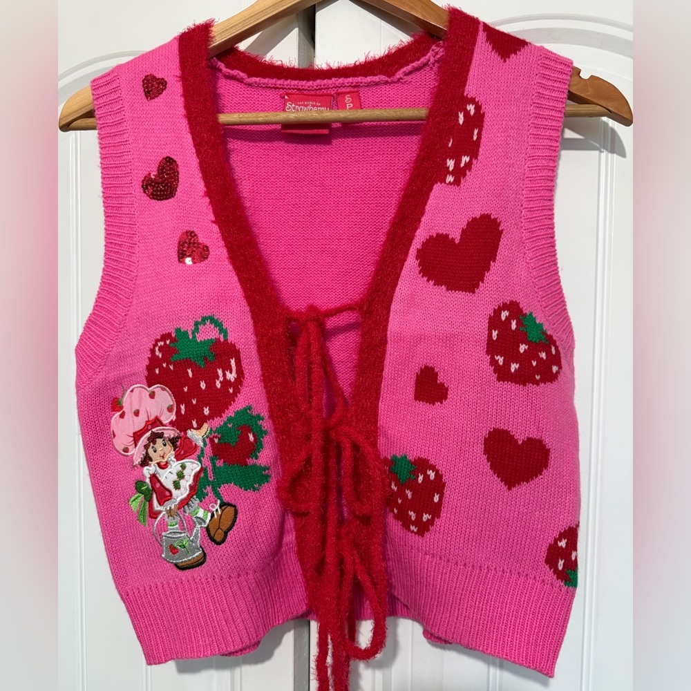 Pink Strawberry Heart Knit Vest Sweater with Tie Front